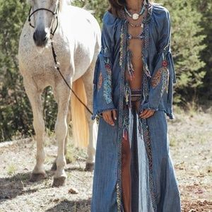 Long Denim Embroidered Duster Cover Up Jacket
